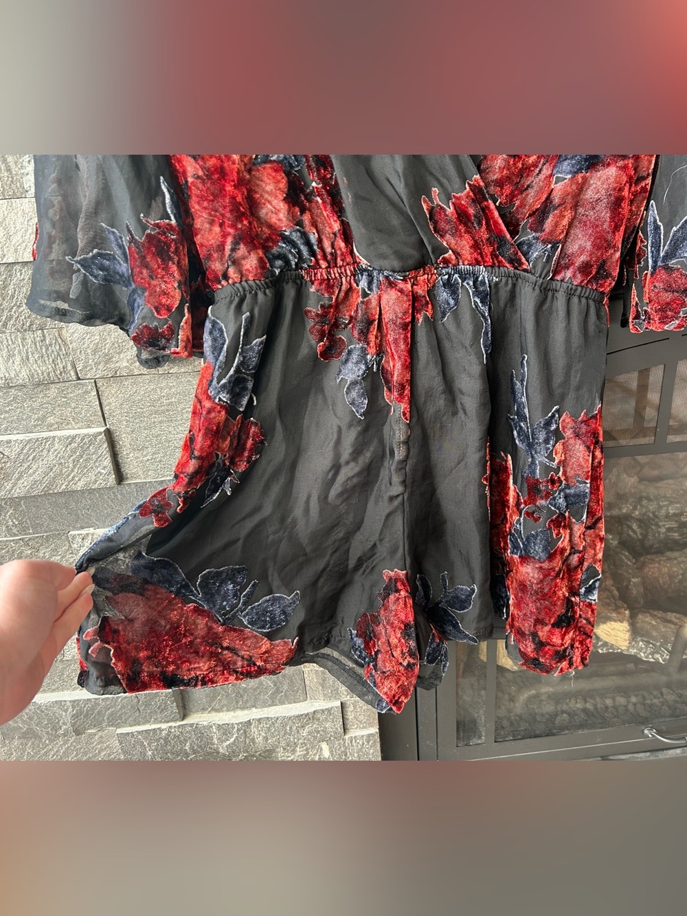 As U Wish Black Romper with Velvet Floral Burnout Pattern - Picture 4 of 5